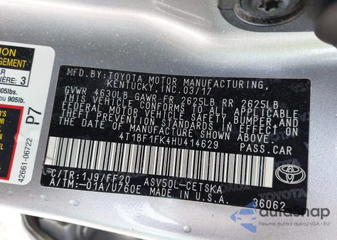 2017 Toyota Camry Se из США, поврежденный, VIN 4T1BF1FK4HU414629